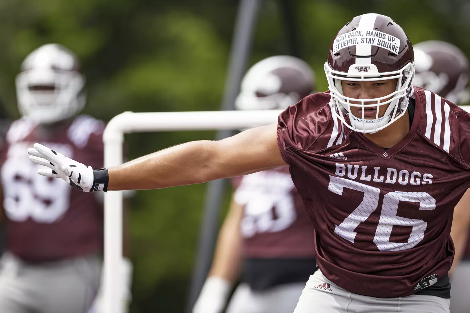 STARKVILLE, MS - August 06, 2021 - Mississippi State Offensive Lineman Albert Reese IV (#76) during a training camp practice at the Leo Seal Jr. Football Complex at Mississippi State University in Starkville, MS. Photo By Austin Perryman