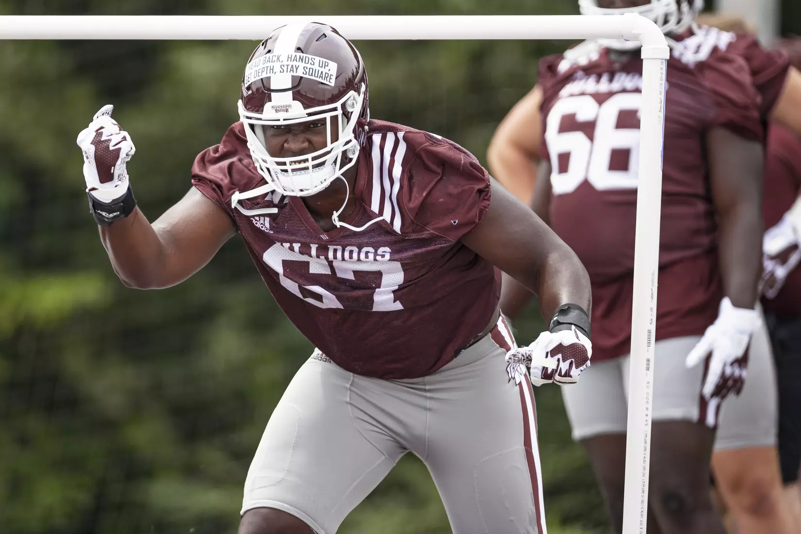 STARKVILLE, MS - August 06, 2021 - Mississippi State Offensive Lineman Charles Cross (#67) during a training camp practice at the Leo Seal Jr. Football Complex at Mississippi State University in Starkville, MS. Photo By Austin Perryman