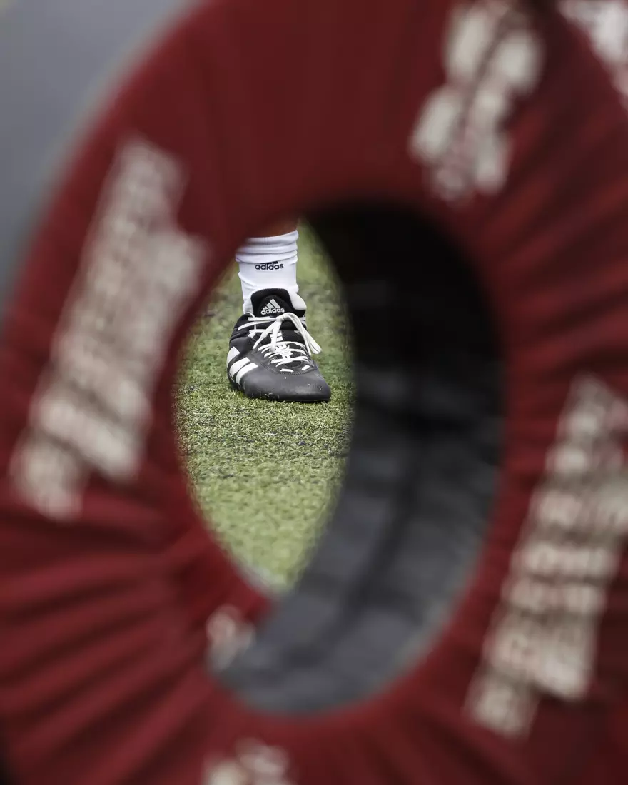 STARKVILLE, MS - August 06, 2021 - Adidas cleat during training camp practice at the Leo Seal Jr. Football Complex at Mississippi State University in Starkville, MS. Photo By Chamberlain Smith