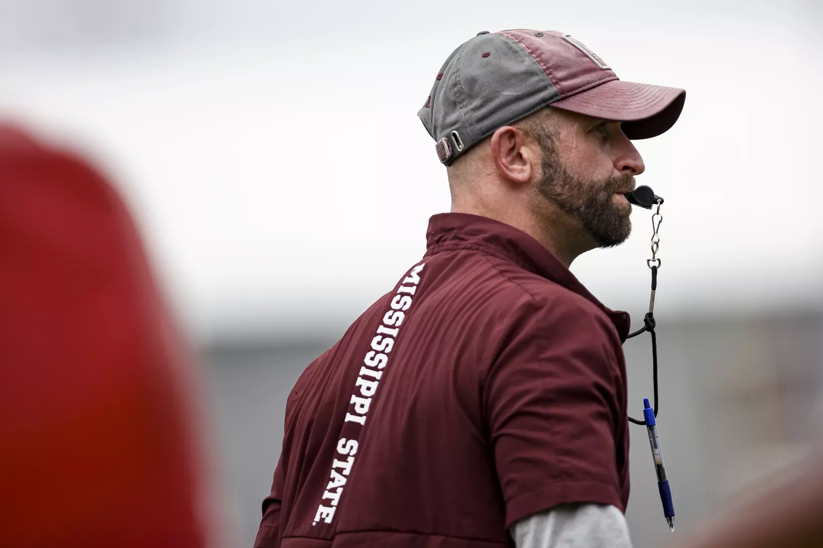 STARKVILLE, MS - August 06, 2021 - Mississippi State Special Teams Coordinator Matt Brock during a training camp practice at the Leo Seal Jr. Football Complex at Mississippi State University in Starkville, MS. Photo By Austin Perryman