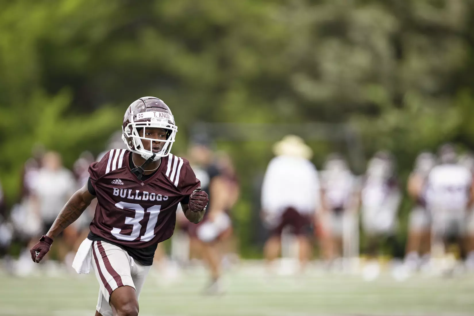 STARKVILLE, MS - August 06, 2021 - Mississippi State Wide Receiver Teddy Knox (#31) during a training camp practice at the Leo Seal Jr. Football Complex at Mississippi State University in Starkville, MS. Photo By Austin Perryman