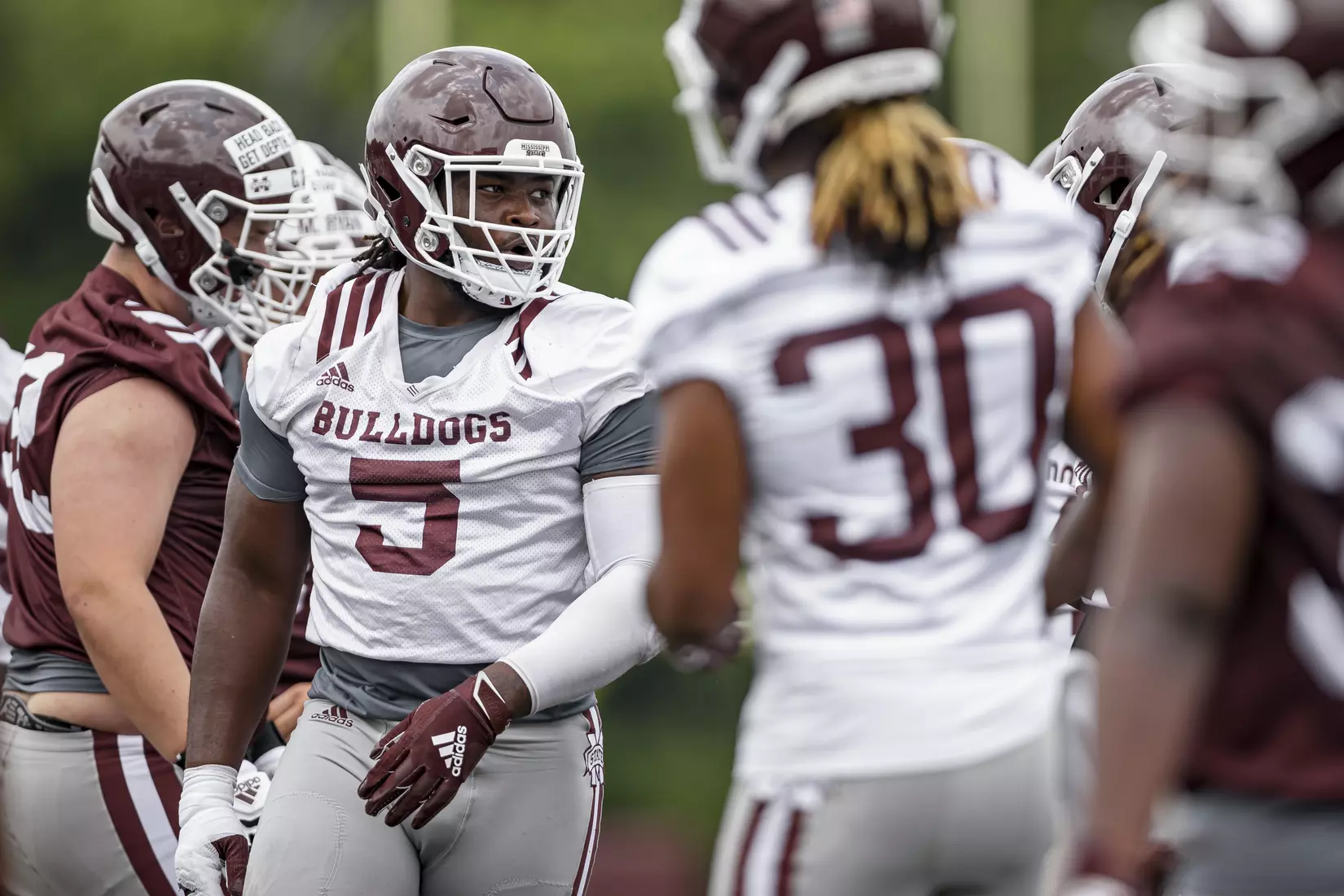 STARKVILLE, MS - August 06, 2021 - Mississippi State Defensive Lineman Randy Charleton (#5) during a training camp practice at the Leo Seal Jr. Football Complex at Mississippi State University in Starkville, MS. Photo By Austin Perryman