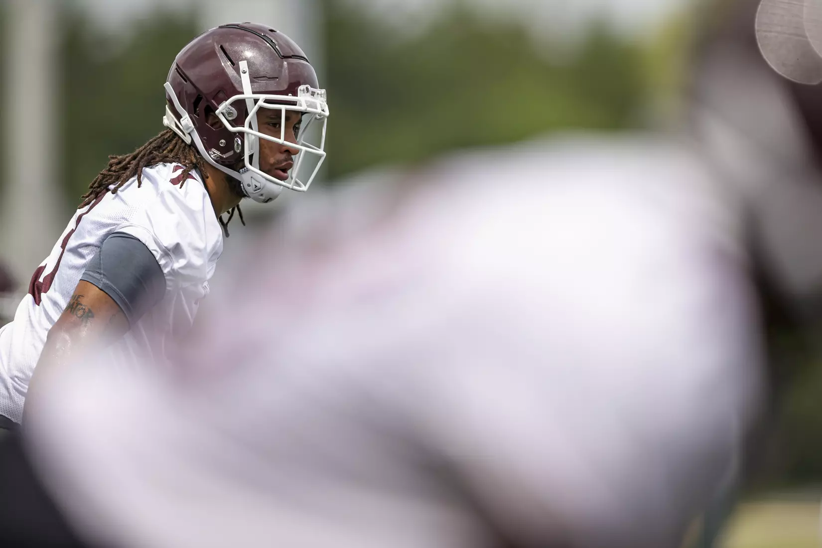 STARKVILLE, MS - August 06, 2021 - Mississippi State Linebacker Aaron Brule (#3) during a training camp practice at the Leo Seal Jr. Football Complex at Mississippi State University in Starkville, MS. Photo By Austin Perryman