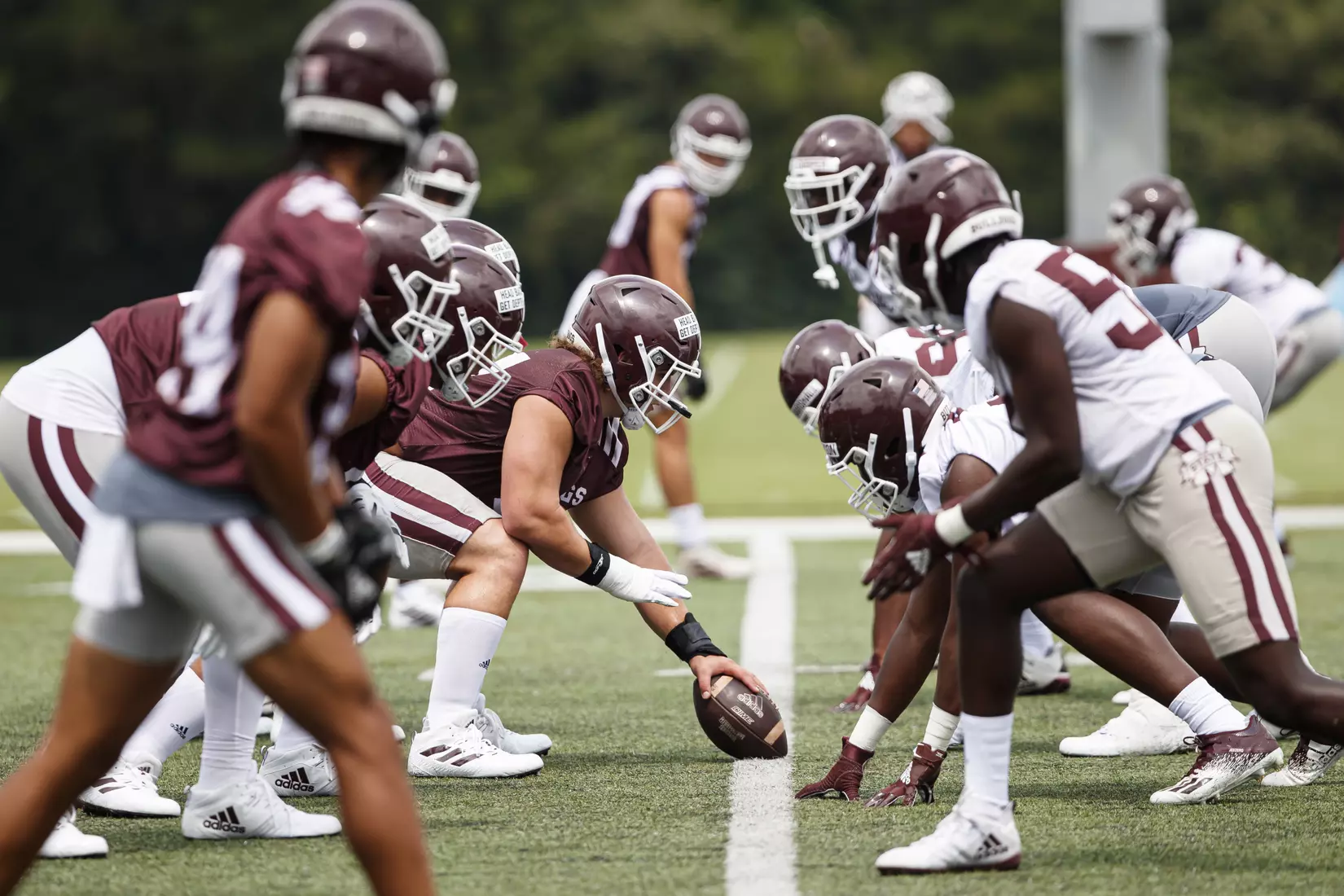 STARKVILLE, MS - August 06, 2021 - Mississippi State Offensive Lineman Cole Smith (#57) during training camp practice at the Leo Seal Jr. Football Complex at Mississippi State University in Starkville, MS. Photo By Chamberlain Smith