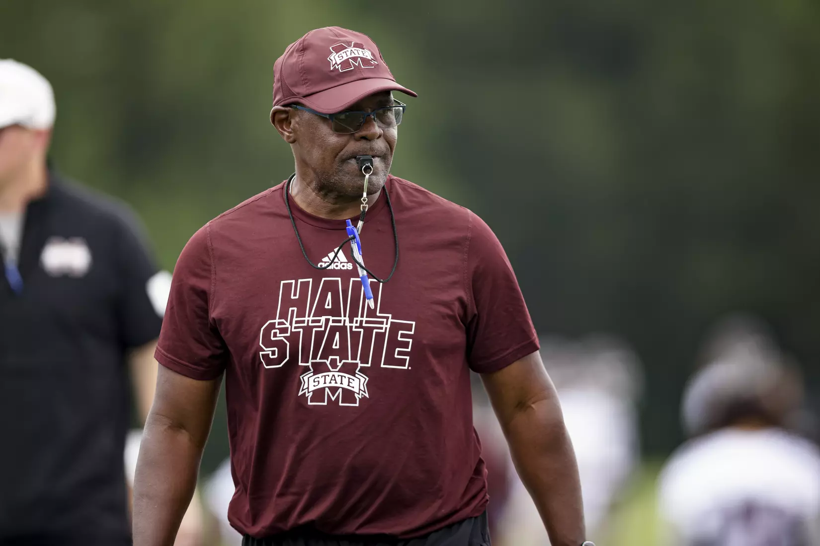 STARKVILLE, MS - August 06, 2021 - Mississippi State Associate Head Coach Tony Hughes during a training camp practice at the Leo Seal Jr. Football Complex at Mississippi State University in Starkville, MS. Photo By Austin Perryman