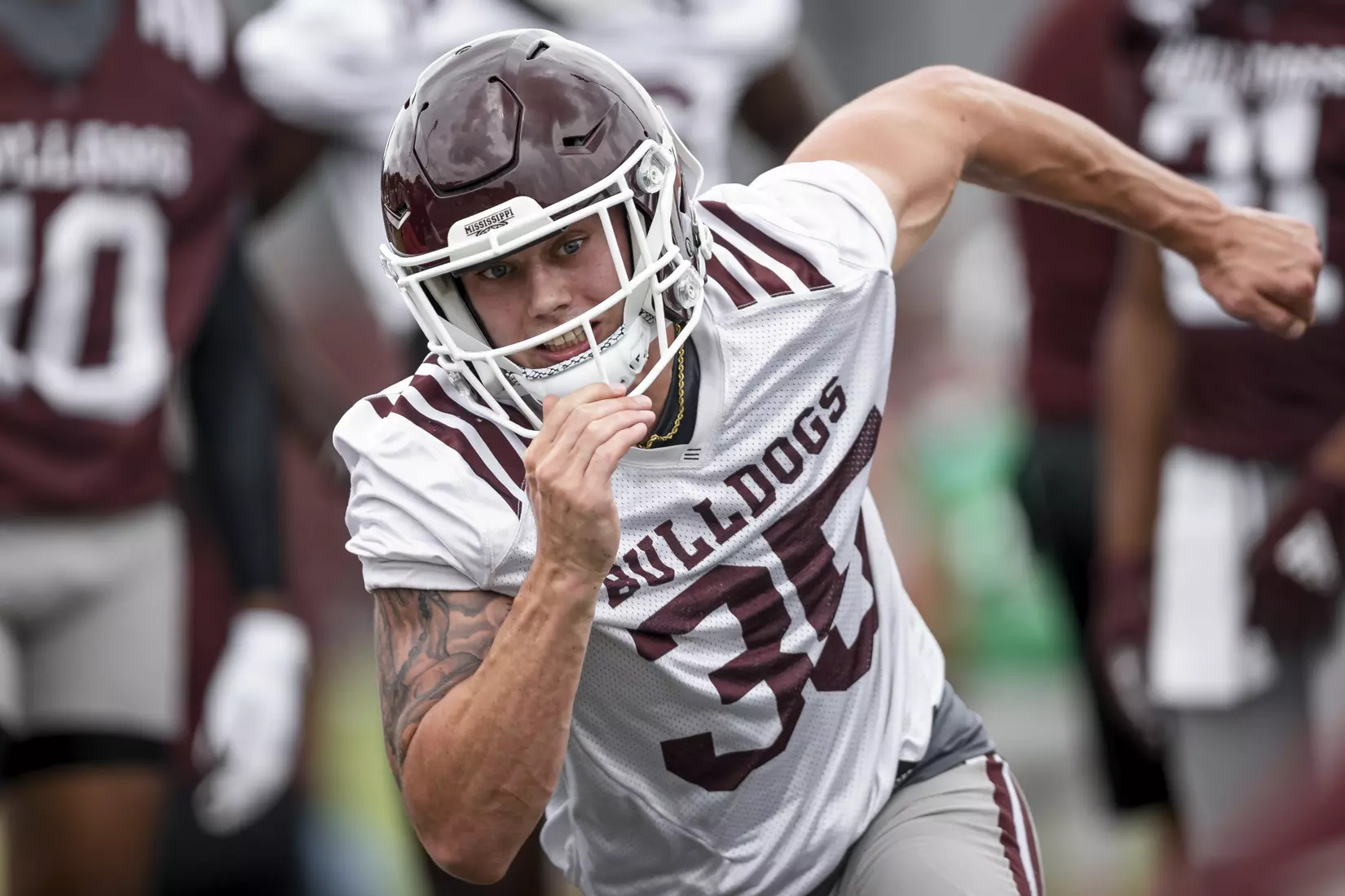 STARKVILLE, MS - August 06, 2021 - Mississippi State Defensive Back Landon Guidry (#35) during a training camp practice at the Leo Seal Jr. Football Complex at Mississippi State University in Starkville, MS. Photo By Austin Perryman