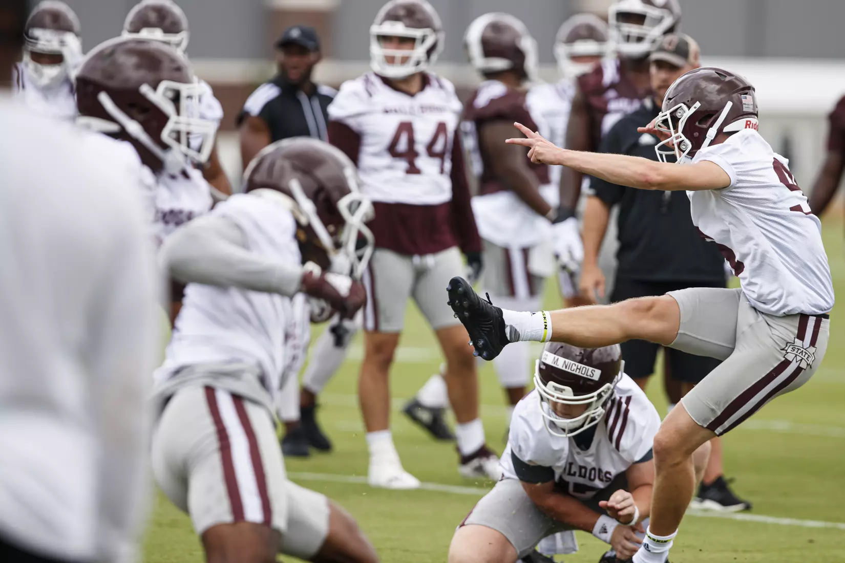 STARKVILLE, MS - August 06, 2021 - Mississippi State Kicker Nolan McCord (#91) during training camp practice at the Leo Seal Jr. Football Complex at Mississippi State University in Starkville, MS. Photo By Chamberlain Smith