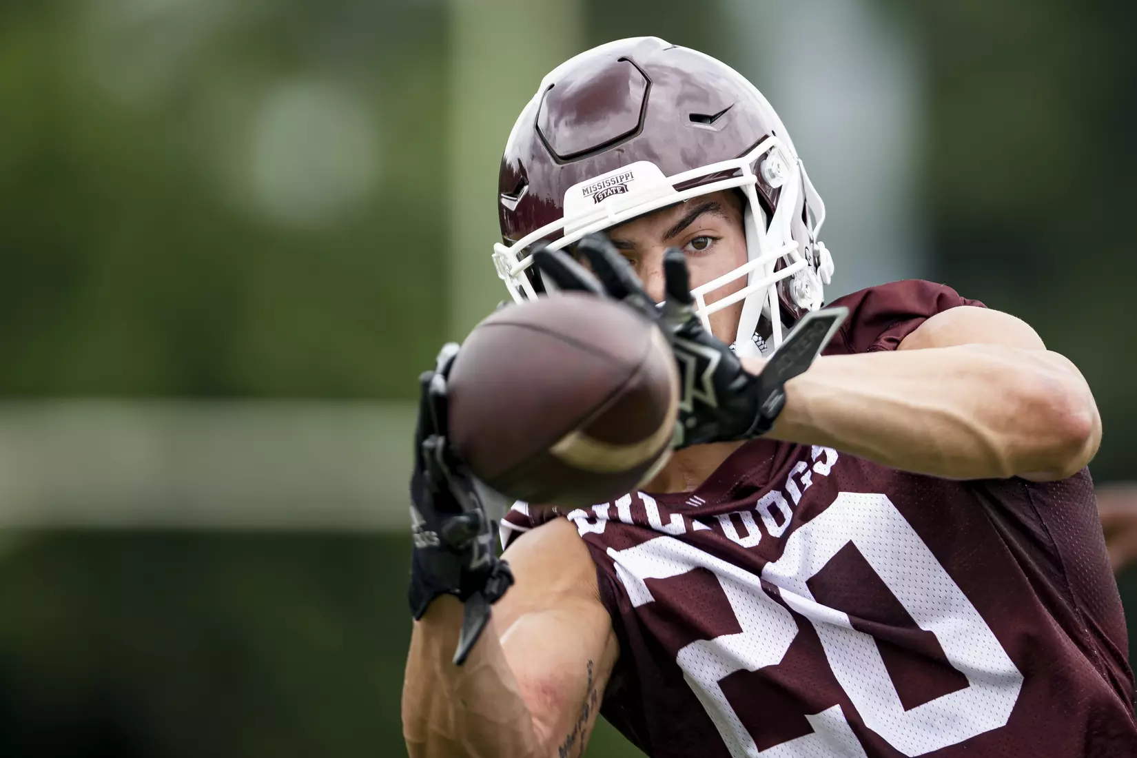 STARKVILLE, MS - August 06, 2021 - Mississippi State Wide Receiver Trip Wilson (#20) during a training camp practice at the Leo Seal Jr. Football Complex at Mississippi State University in Starkville, MS. Photo By Austin Perryman