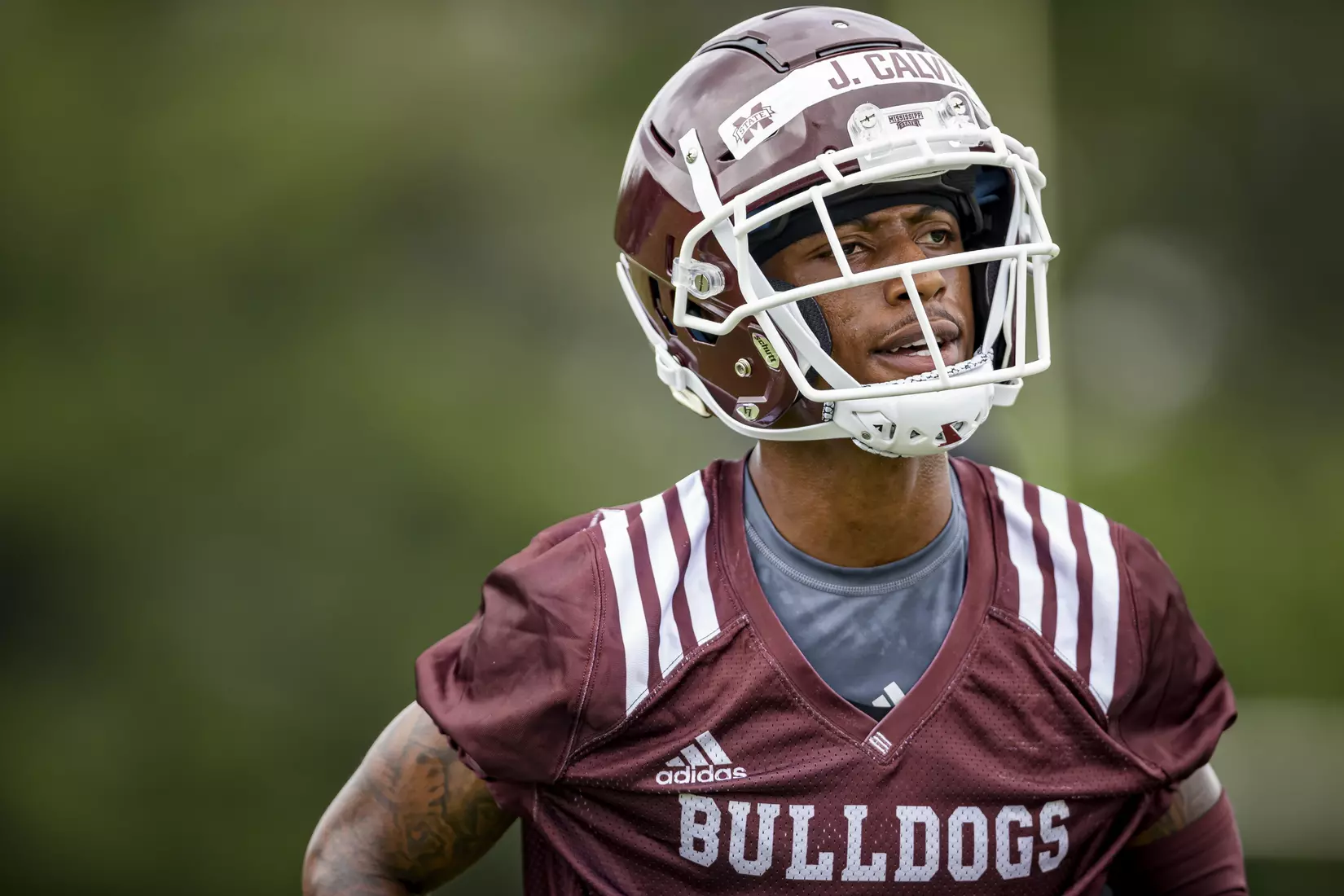 STARKVILLE, MS - August 06, 2021 - Mississippi State Wide Receiver Jamire Calvin (#6) during a training camp practice at the Leo Seal Jr. Football Complex at Mississippi State University in Starkville, MS. Photo By Austin Perryman