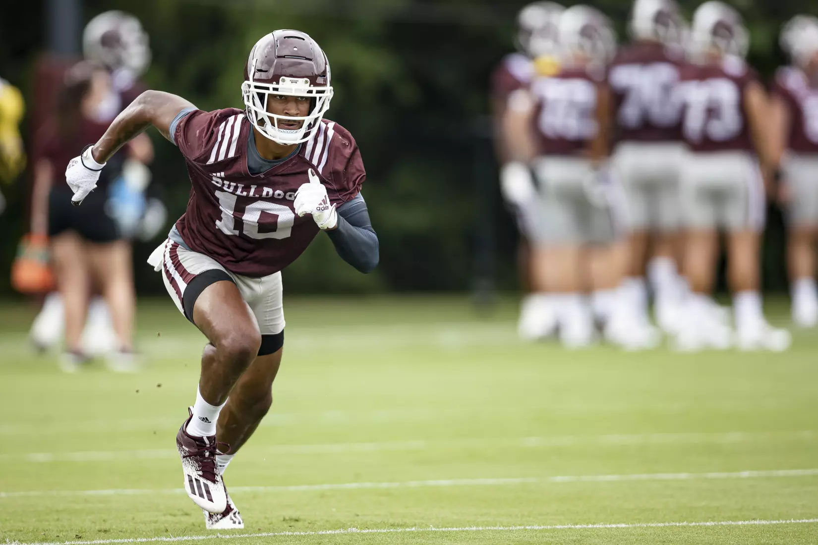 STARKVILLE, MS - August 06, 2021 - Mississippi State Wide Receiver Makai Polk (#10) during a training camp practice at the Leo Seal Jr. Football Complex at Mississippi State University in Starkville, MS. Photo By Austin Perryman