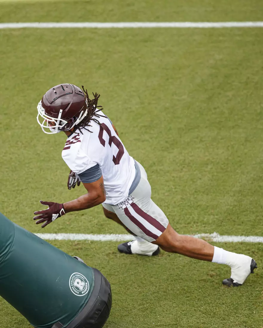 STARKVILLE, MS - August 06, 2021 - Mississippi State Linebacker Aaron Brule (#3) during training camp practice at the Leo Seal Jr. Football Complex at Mississippi State University in Starkville, MS. Photo By Chamberlain Smith