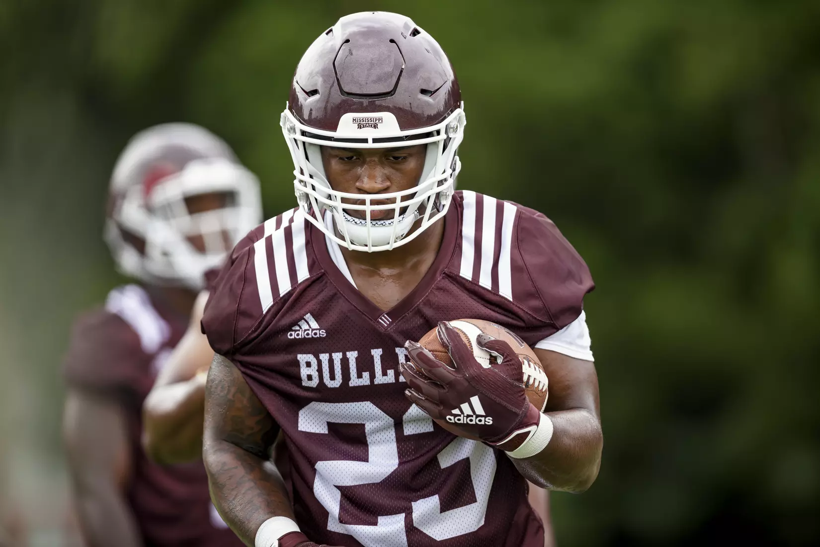 STARKVILLE, MS - August 06, 2021 - Mississippi State Running Back Dillon Johnson (#23) during a training camp practice at the Leo Seal Jr. Football Complex at Mississippi State University in Starkville, MS. Photo By Austin Perryman