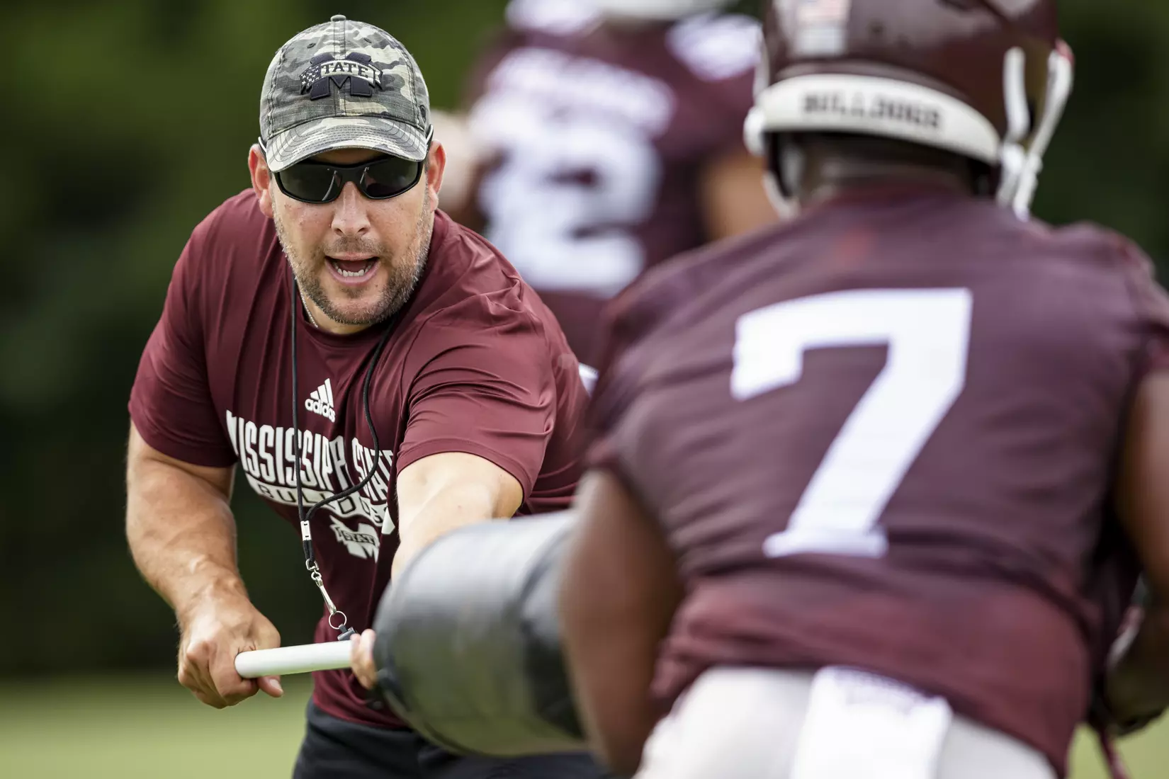 STARKVILLE, MS - August 06, 2021 - Mississippi State Running Backs Coach Eric Mele during a training camp practice at the Leo Seal Jr. Football Complex at Mississippi State University in Starkville, MS. Photo By Austin Perryman