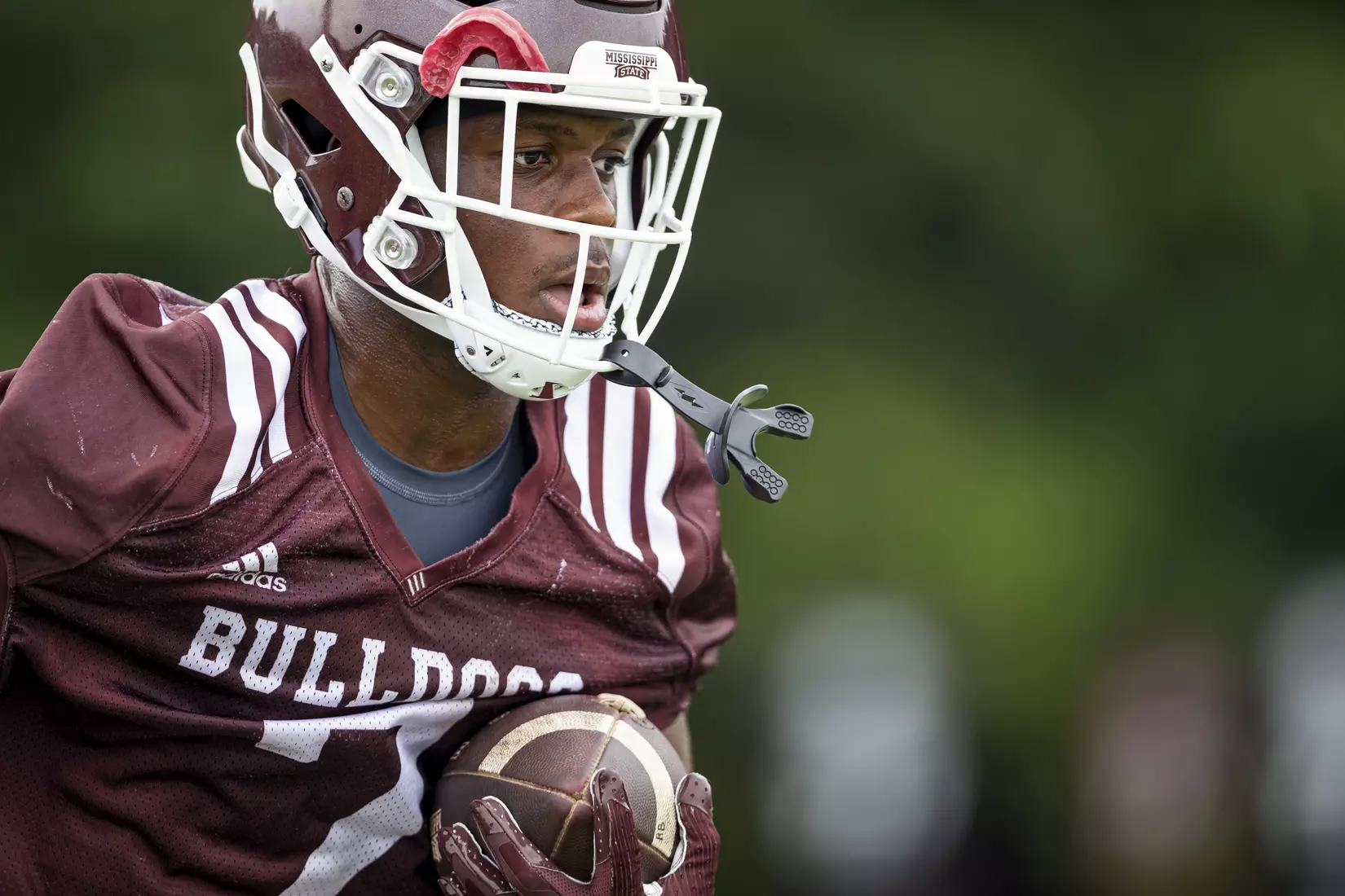 STARKVILLE, MS - August 06, 2021 - Mississippi State Running Back Joquavious Marks (#7) during a training camp practice at the Leo Seal Jr. Football Complex at Mississippi State University in Starkville, MS. Photo By Austin Perryman