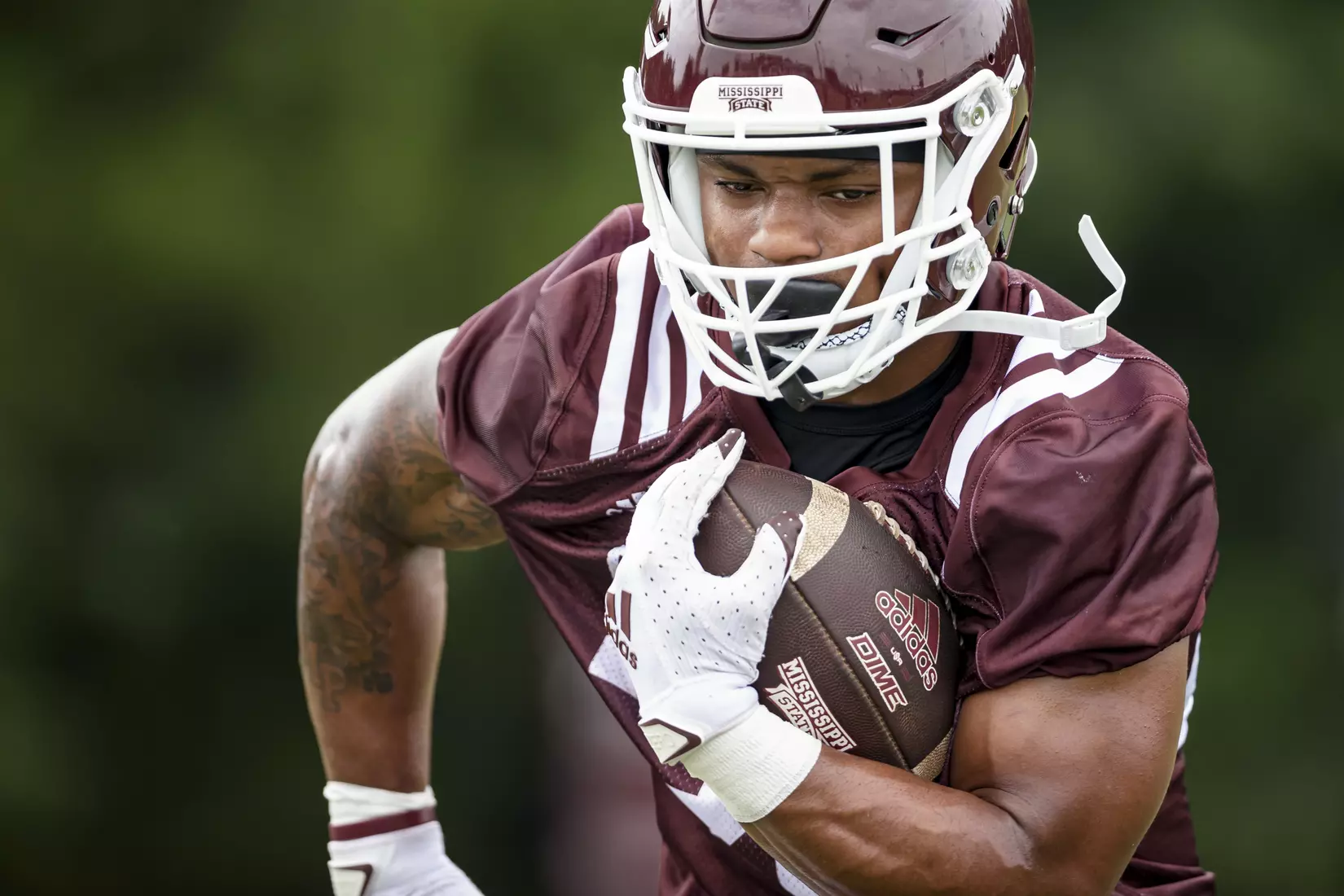 STARKVILLE, MS - August 06, 2021 - Mississippi State Running Back Omni Wells (#22) during a training camp practice at the Leo Seal Jr. Football Complex at Mississippi State University in Starkville, MS. Photo By Austin Perryman