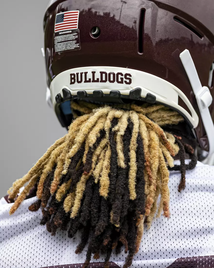 STARKVILLE, MS - August 06, 2021 - “Bulldogs” on the back of a helmet during a training camp practice at the Leo Seal Jr. Football Complex at Mississippi State University in Starkville, MS. Photo By Austin Perryman