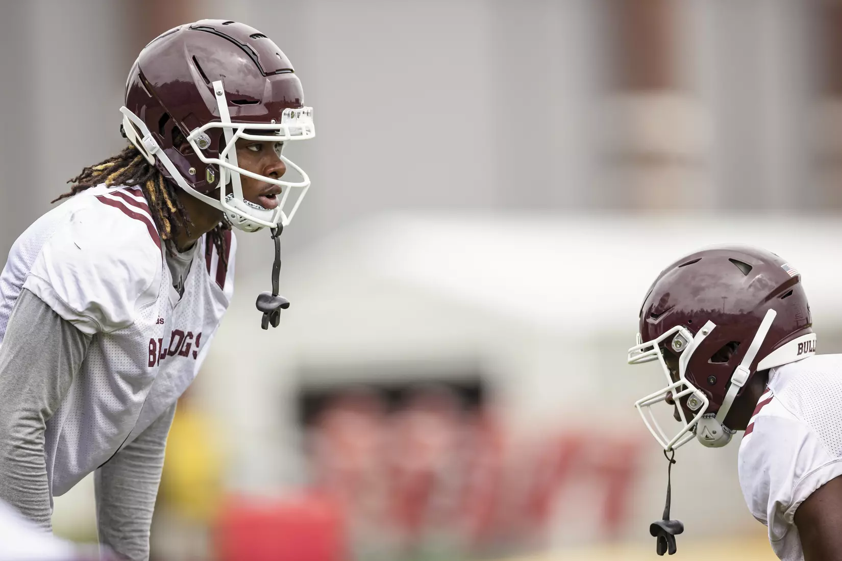STARKVILLE, MS - August 06, 2021 - Mississippi State Defensive Back Martin Emerson (#1) and Cornerback Emmanuel Forbes (#13) during a training camp practice at the Leo Seal Jr. Football Complex at Mississippi State University in Starkville, MS. Photo By Austin Perryman