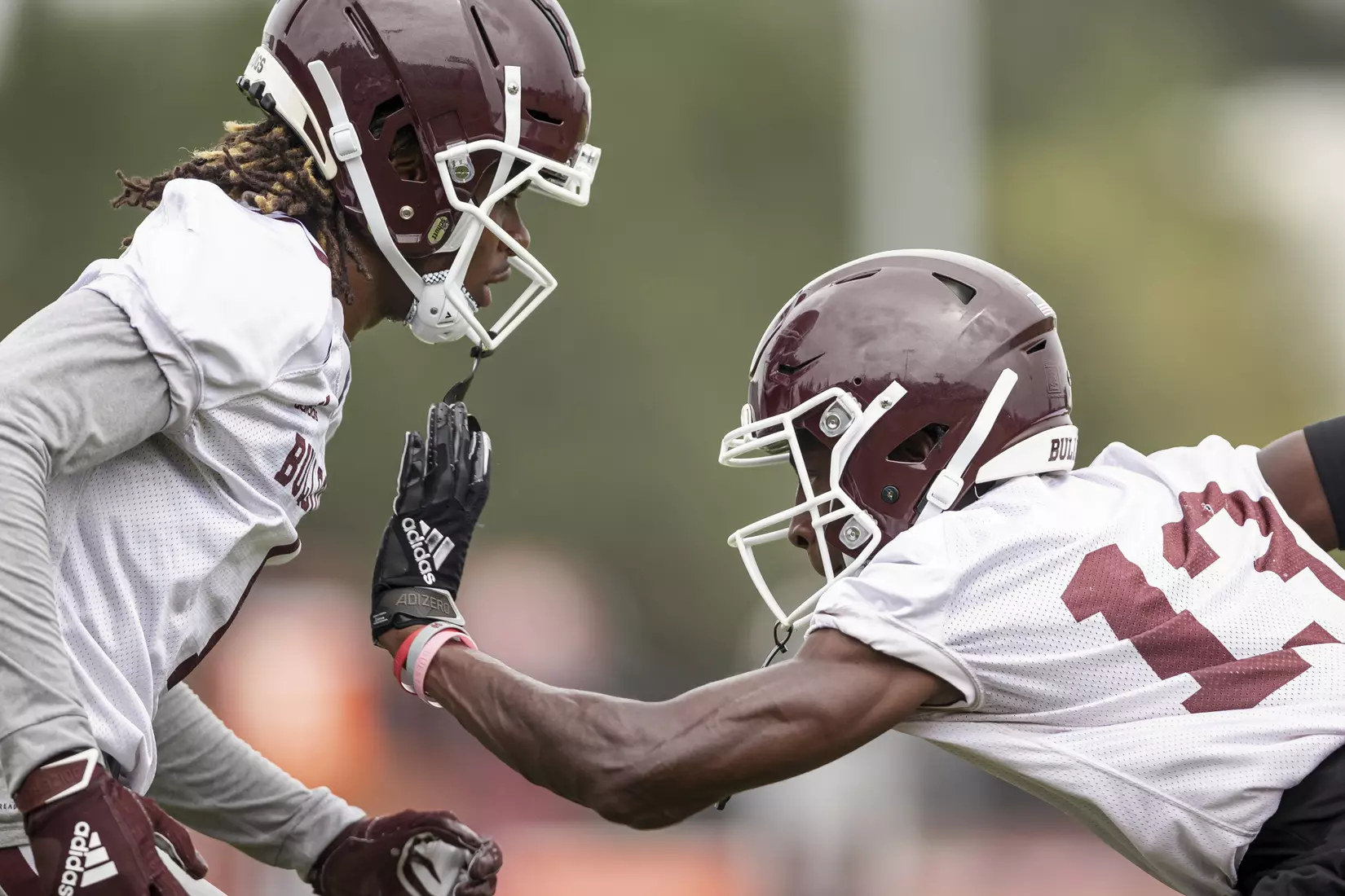 STARKVILLE, MS - August 06, 2021 - Mississippi State Defensive Back Martin Emerson (#1) and Cornerback Emmanuel Forbes (#13) during a training camp practice at the Leo Seal Jr. Football Complex at Mississippi State University in Starkville, MS. Photo By Austin Perryman