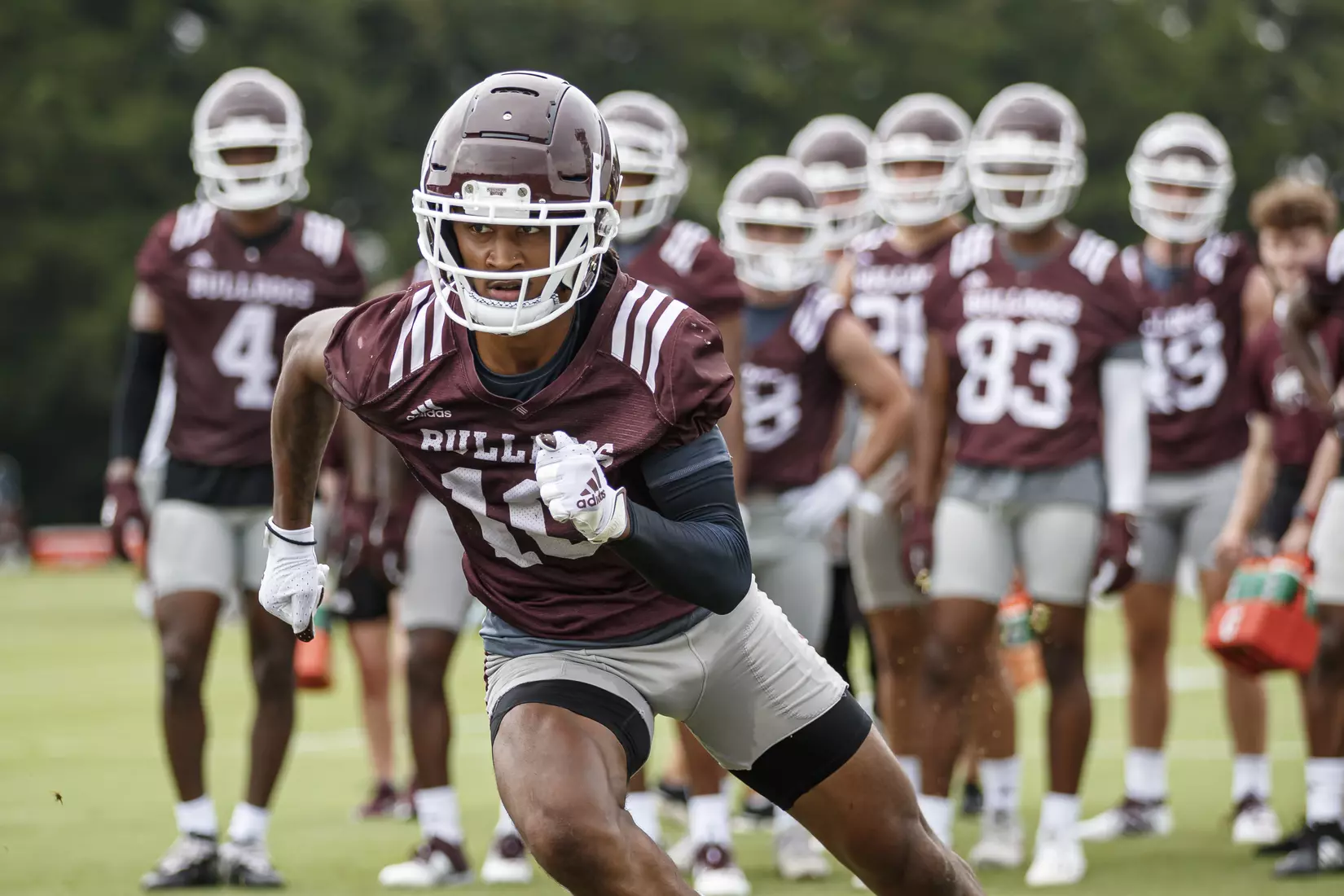 STARKVILLE, MS - August 07, 2021 - Mississippi State Wide Receiver Makai Polk (#10) during a training camp practice at the Leo Seal Jr. Football Complex at Mississippi State University in Starkville, MS. Photo By Austin Perryman