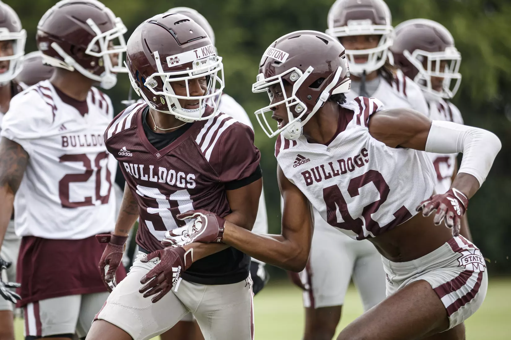 STARKVILLE, MS - August 07, 2021 - Mississippi State Wide Receiver Teddy Knox (#31) and Defensive Back Corey Ellington (#42) during a training camp practice at the Leo Seal Jr. Football Complex at Mississippi State University in Starkville, MS. Photo By Austin Perryman