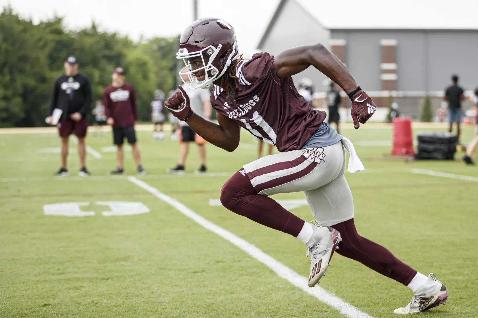 STARKVILLE, MS - August 07, 2021 - Mississippi State Wide Receiver Jaden Walley (#11) during a training camp practice at the Leo Seal Jr. Football Complex at Mississippi State University in Starkville, MS. Photo By Austin Perryman