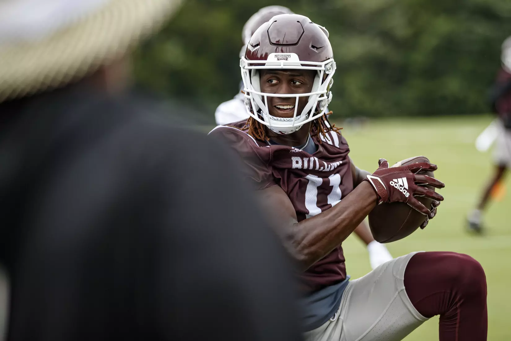 STARKVILLE, MS - August 07, 2021 - Mississippi State Wide Receiver Jaden Walley (#11) during a training camp practice at the Leo Seal Jr. Football Complex at Mississippi State University in Starkville, MS. Photo By Austin Perryman