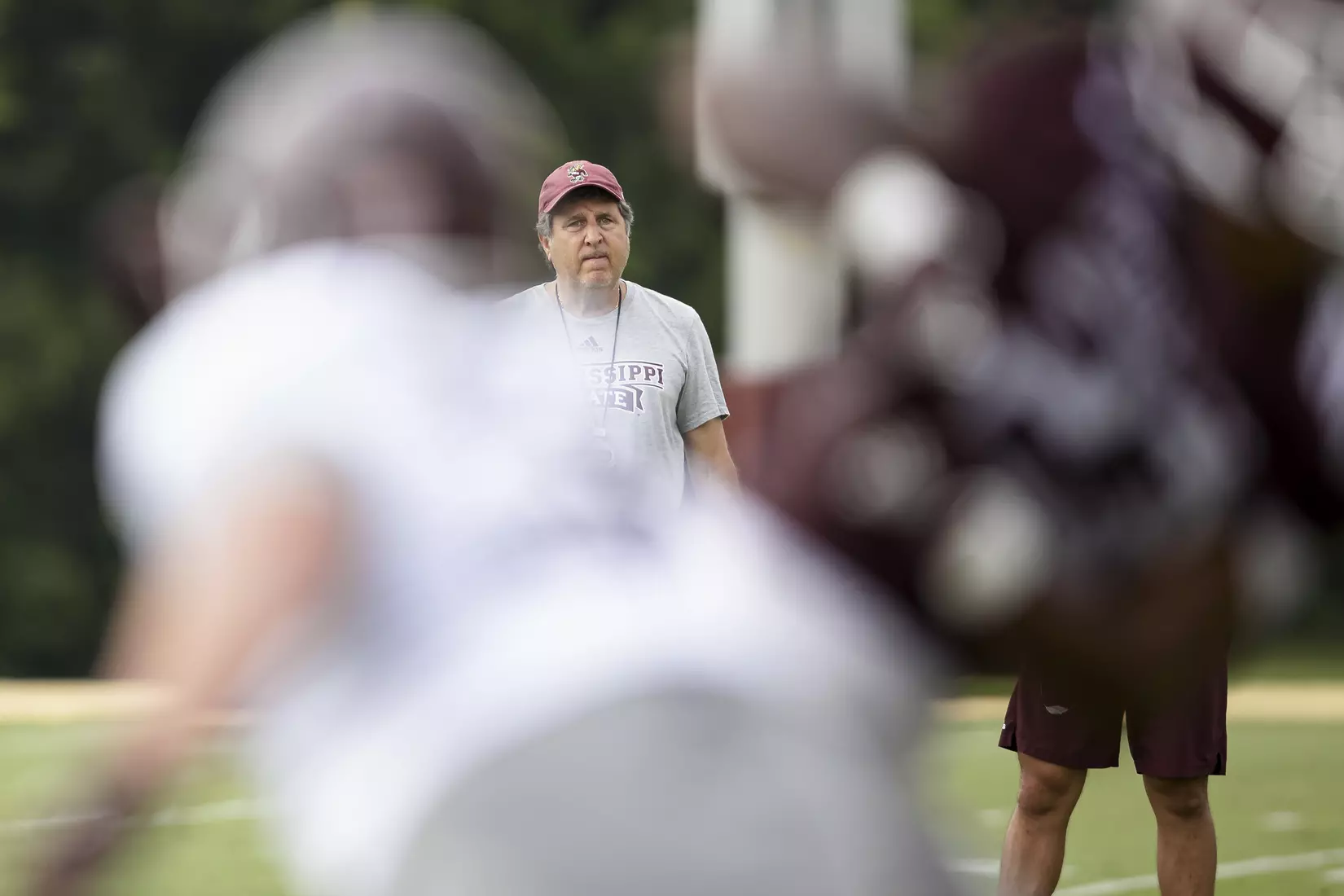 STARKVILLE, MS - August 06, 2021 - Mississippi State Head Coach Mike Leach during a training camp practice at the Leo Seal Jr. Football Complex at Mississippi State University in Starkville, MS. Photo By Austin Perryman