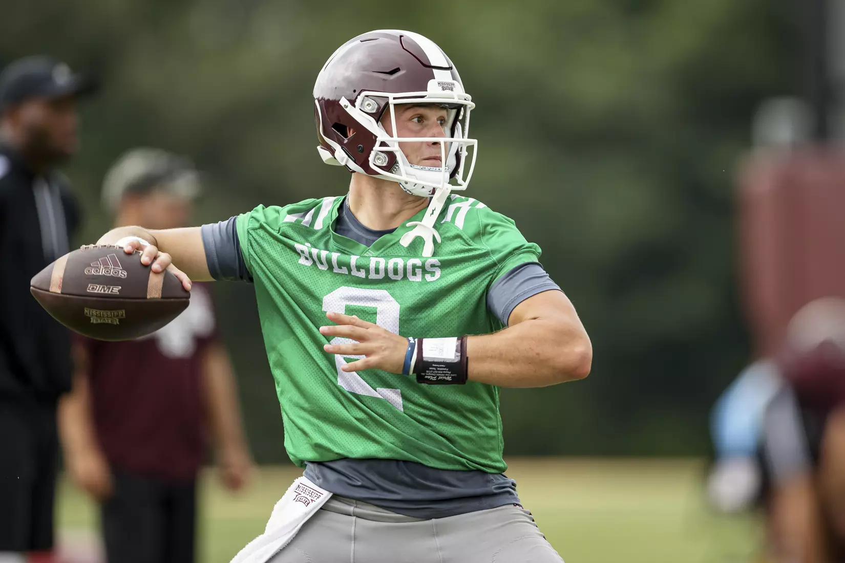 STARKVILLE, MS - August 06, 2021 - Mississippi State Quarterback Will Rogers (#2) during a training camp practice at the Leo Seal Jr. Football Complex at Mississippi State University in Starkville, MS. Photo By Austin Perryman