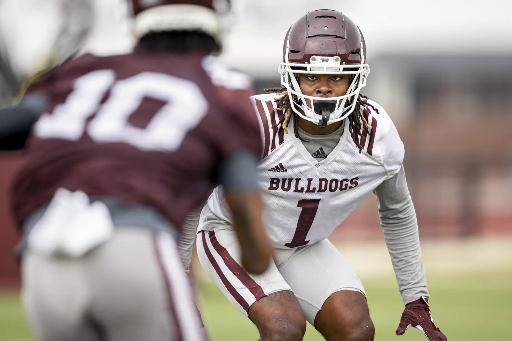 STARKVILLE, MS - August 06, 2021 - Mississippi State Defensive Back Martin Emerson (#1) during a training camp practice at the Leo Seal Jr. Football Complex at Mississippi State University in Starkville, MS. Photo By Austin Perryman