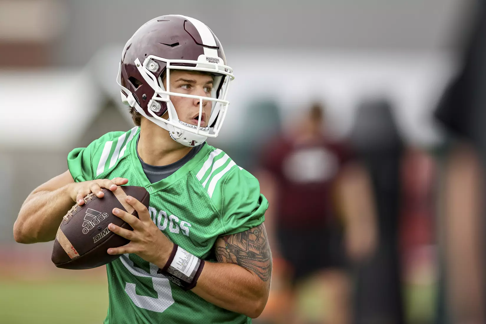STARKVILLE, MS - August 06, 2021 - Mississippi State Quarterback Chance Lovertich (#9) during a training camp practice at the Leo Seal Jr. Football Complex at Mississippi State University in Starkville, MS. Photo By Austin Perryman