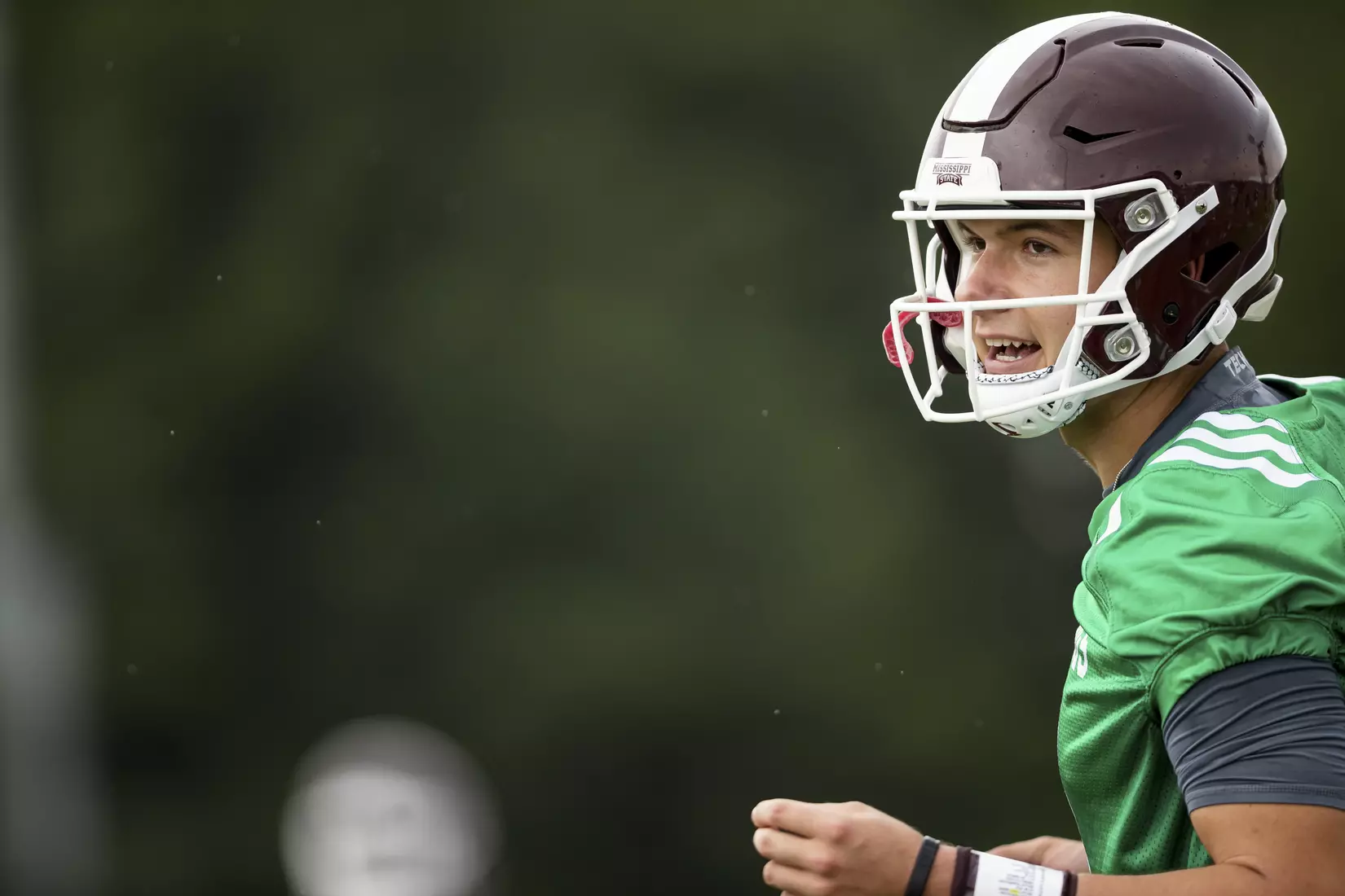 STARKVILLE, MS - August 06, 2021 - Mississippi State Quarterback Daniel Greek (#3) during a training camp practice at the Leo Seal Jr. Football Complex at Mississippi State University in Starkville, MS. Photo By Austin Perryman