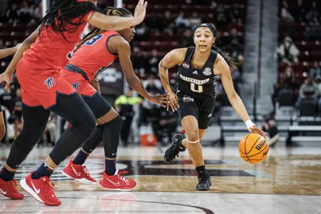 STARKVILLE, MS - February 13, 2022 - Mississippi State Guard Anastasia Hayes (#0) during the game between the Ole Miss Rebels and the Mississippi State Bulldogs at Humphrey Coliseum in Starkville, MS. Photo By Kevin Snyder