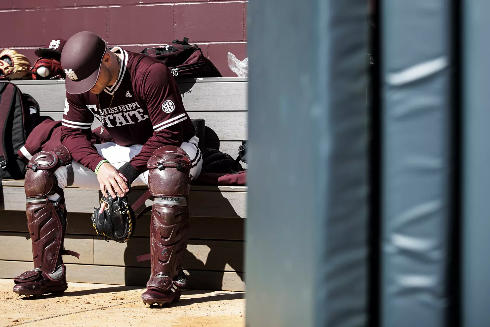 STARKVILLE, MS - February 18, 2022 - Mississippi State Catcher Logan Tanner (#19) in the bullpen before the game between the Long Beach State Dirtbags and the Mississippi State Bulldogs at Dudy Noble Field at Polk-Dement Stadium in Starkville, MS. Photo By Austin Perryman