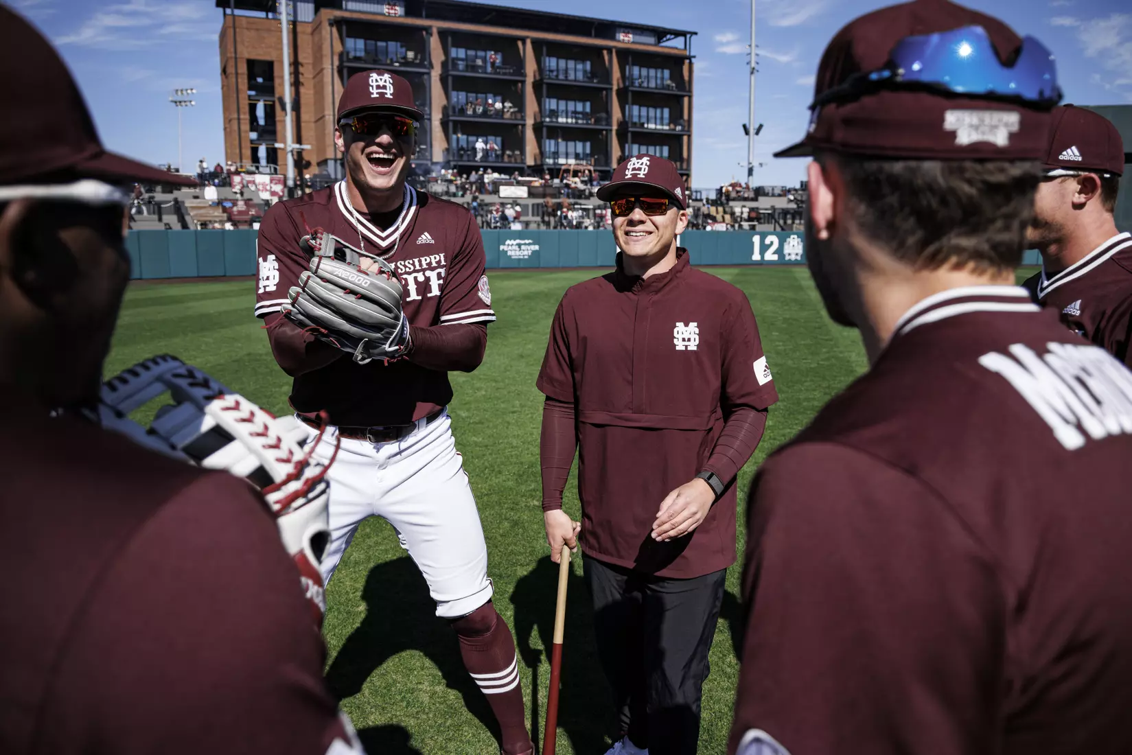 STARKVILLE, MS - February 18, 2022 - Mississippi State Outfielder Brad Cumbest (#33) and Coordinator of Baseball Player Development Bobby Austin before the game between the Long Beach State Dirtbags and the Mississippi State Bulldogs at Dudy Noble Field at Polk-Dement Stadium in Starkville, MS. Photo By Austin Perryman