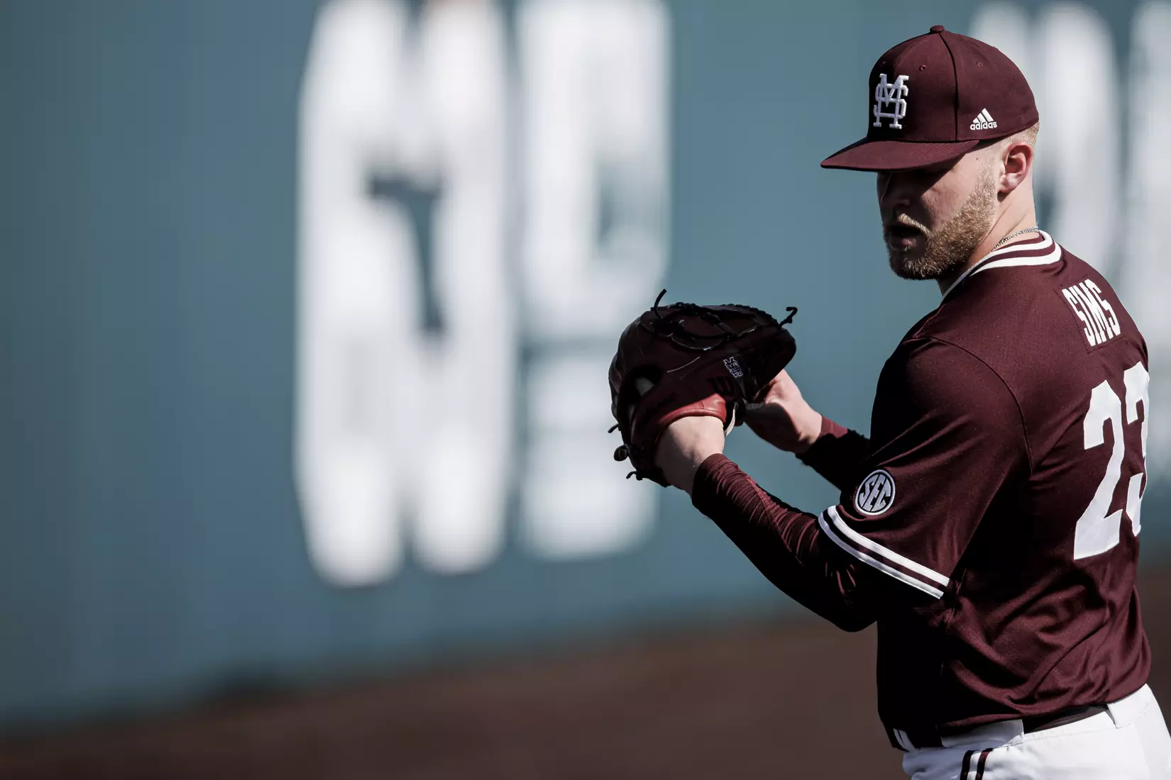 STARKVILLE, MS - February 18, 2022 - Mississippi State Pitcher Landon Sims (#23) before the game between the Long Beach State Dirtbags and the Mississippi State Bulldogs at Dudy Noble Field at Polk-Dement Stadium in Starkville, MS. Photo By Austin Perryman