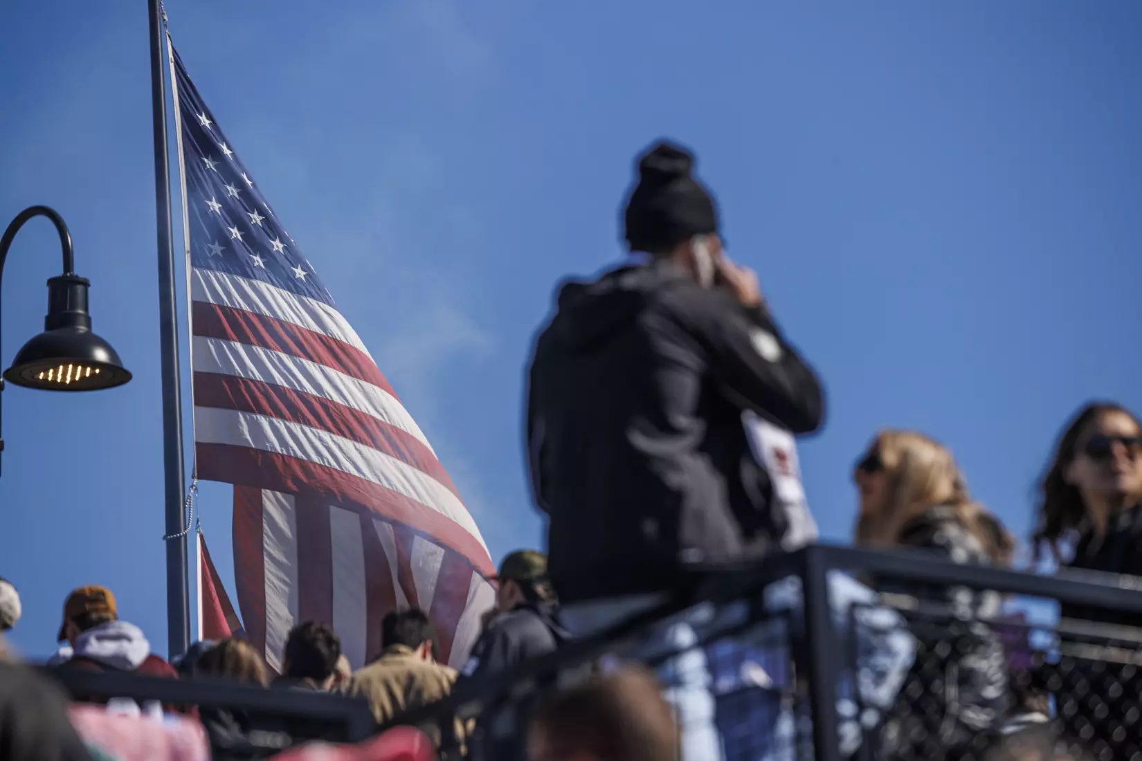 STARKVILLE, MS - February 18, 2022 - American flag before the game between the Long Beach State Dirtbags and the Mississippi State Bulldogs at Dudy Noble Field at Polk-Dement Stadium in Starkville, MS. Photo By Kevin Snyder