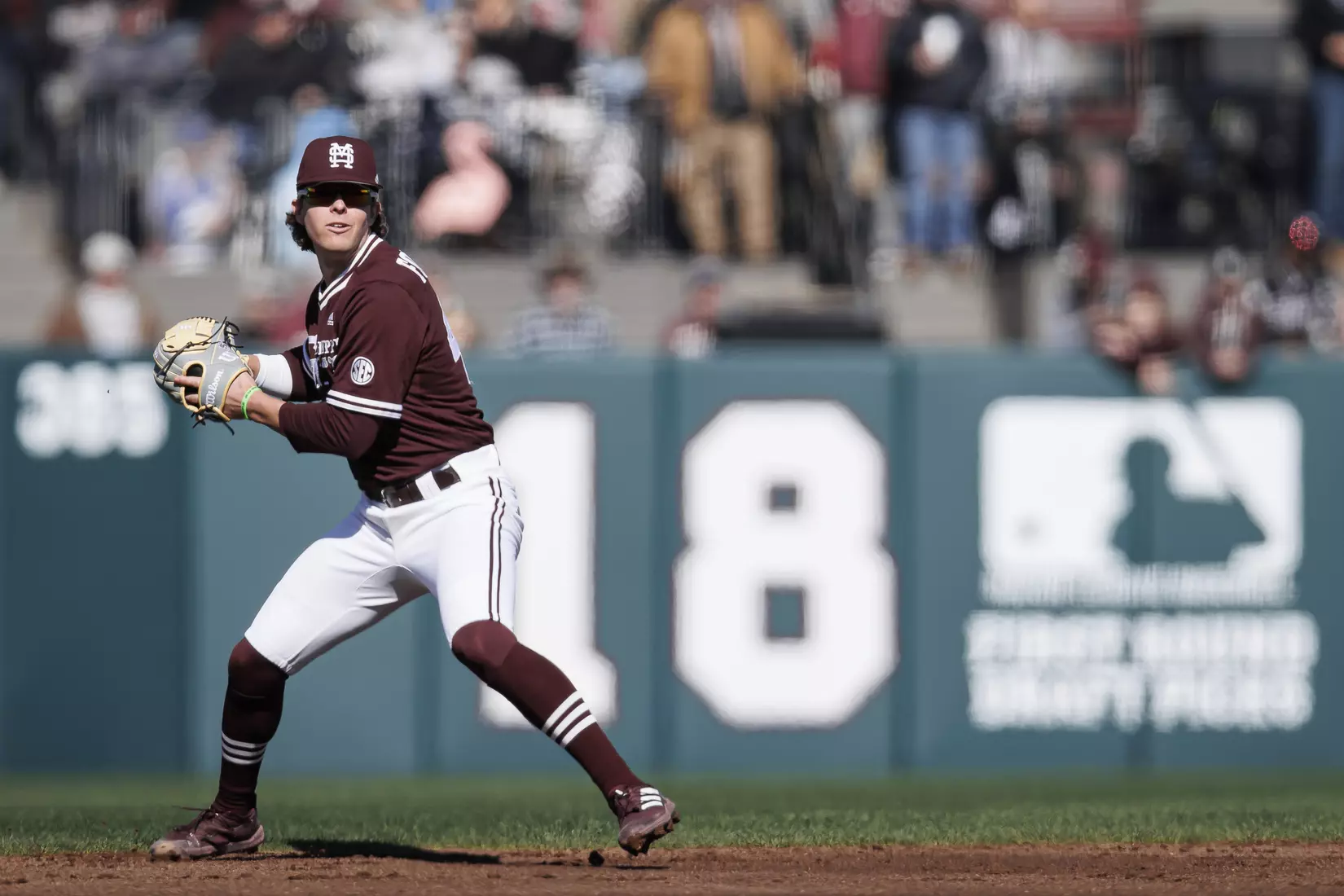 STARKVILLE, MS - February 18, 2022 - Mississippi State Infielder Lane Forsythe (#43) during the game between the Long Beach State Dirtbags and the Mississippi State Bulldogs at Dudy Noble Field at Polk-Dement Stadium in Starkville, MS. Photo By Austin Perryman