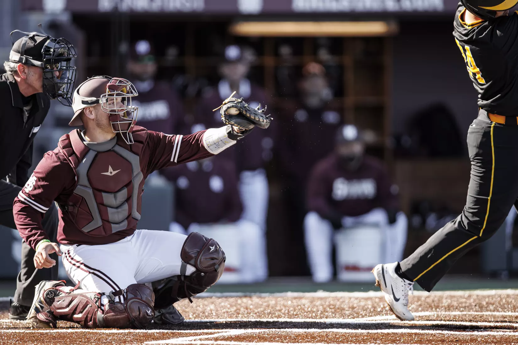 STARKVILLE, MS - February 18, 2022 - Mississippi State Catcher Logan Tanner (#19) during the game between the Long Beach State Dirtbags and the Mississippi State Bulldogs at Dudy Noble Field at Polk-Dement Stadium in Starkville, MS. Photo By Austin Perryman
