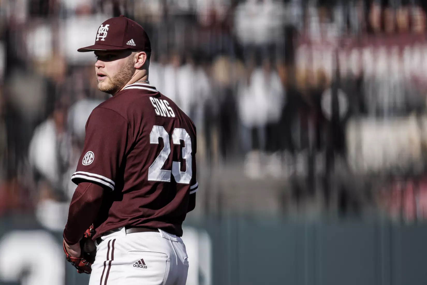 STARKVILLE, MS - February 18, 2022 - Mississippi State Pitcher Landon Sims (#23) during the game between the Long Beach State Dirtbags and the Mississippi State Bulldogs at Dudy Noble Field at Polk-Dement Stadium in Starkville, MS. Photo By Austin Perryman