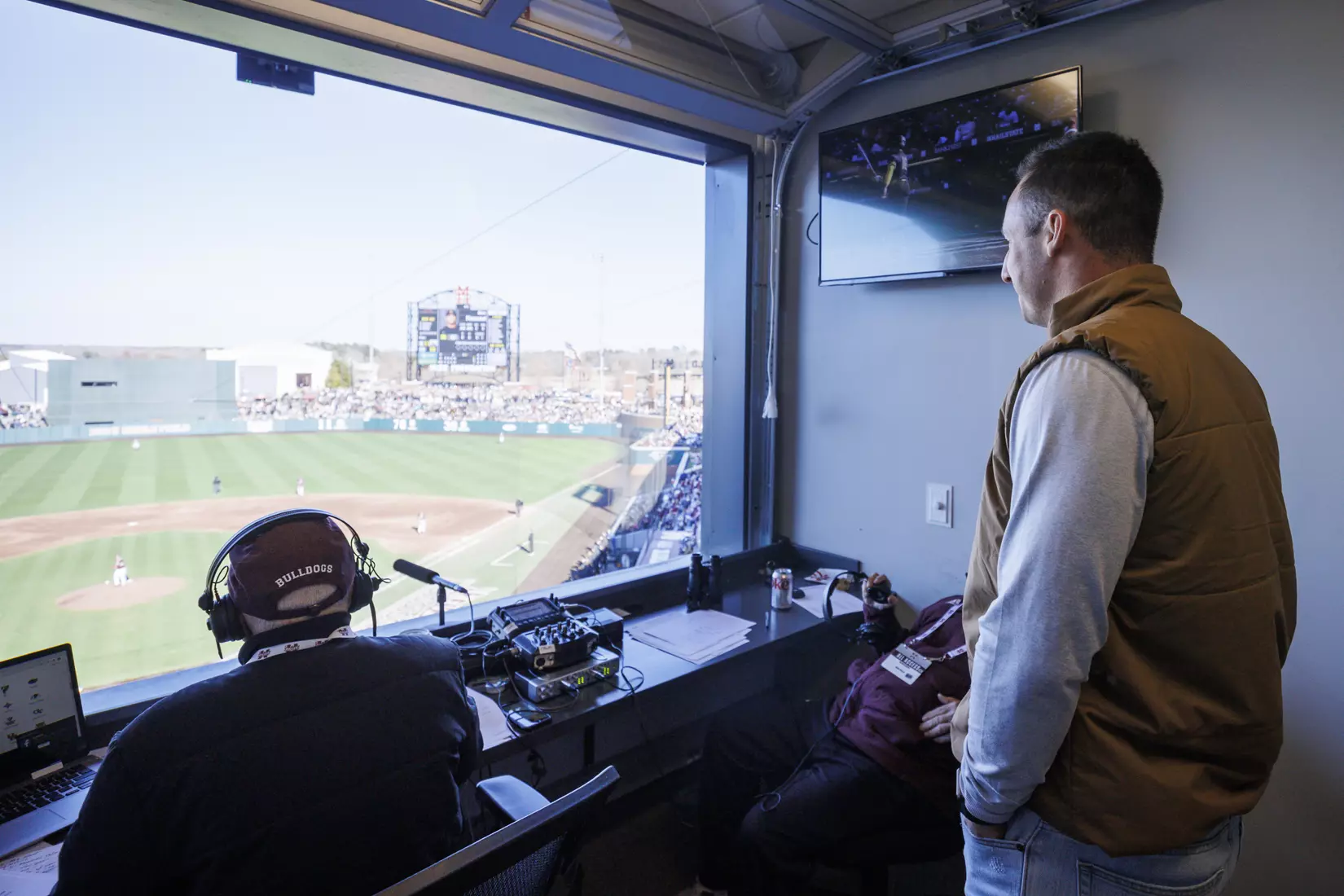 STARKVILLE, MS - February 18, 2022 - Former Mississippi State Outfielder Brent Rooker in the radio booth during the game between the Long Beach State Dirtbags and the Mississippi State Bulldogs at Dudy Noble Field at Polk-Dement Stadium in Starkville, MS. Photo By Kevin Snyder