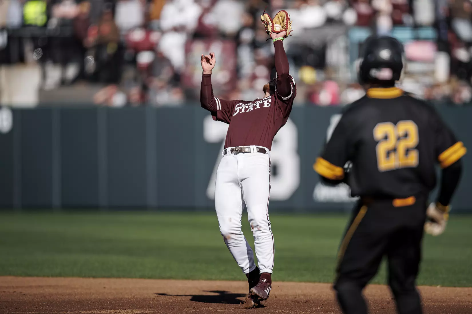 STARKVILLE, MS - February 18, 2022 - Mississippi State Infielder Luke Hancock (#20) during the game between the Long Beach State Dirtbags and the Mississippi State Bulldogs at Dudy Noble Field at Polk-Dement Stadium in Starkville, MS. Photo By Austin Perryman