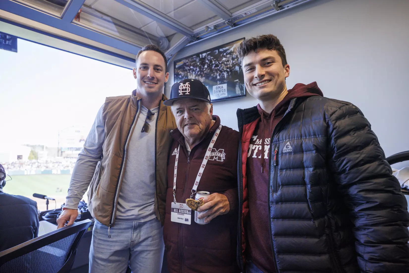 STARKVILLE, MS - February 18, 2022 - Former Mississippi State Outfielder Brent Rooker and Former Infielder Justin Foscue with Mississippi State Special Assistant to the Athletic Director Ron Polk in the radio booth during the game between the Long Beach State Dirtbags and the Mississippi State Bulldogs at Dudy Noble Field at Polk-Dement Stadium in Starkville, MS. Photo By Kevin Snyder