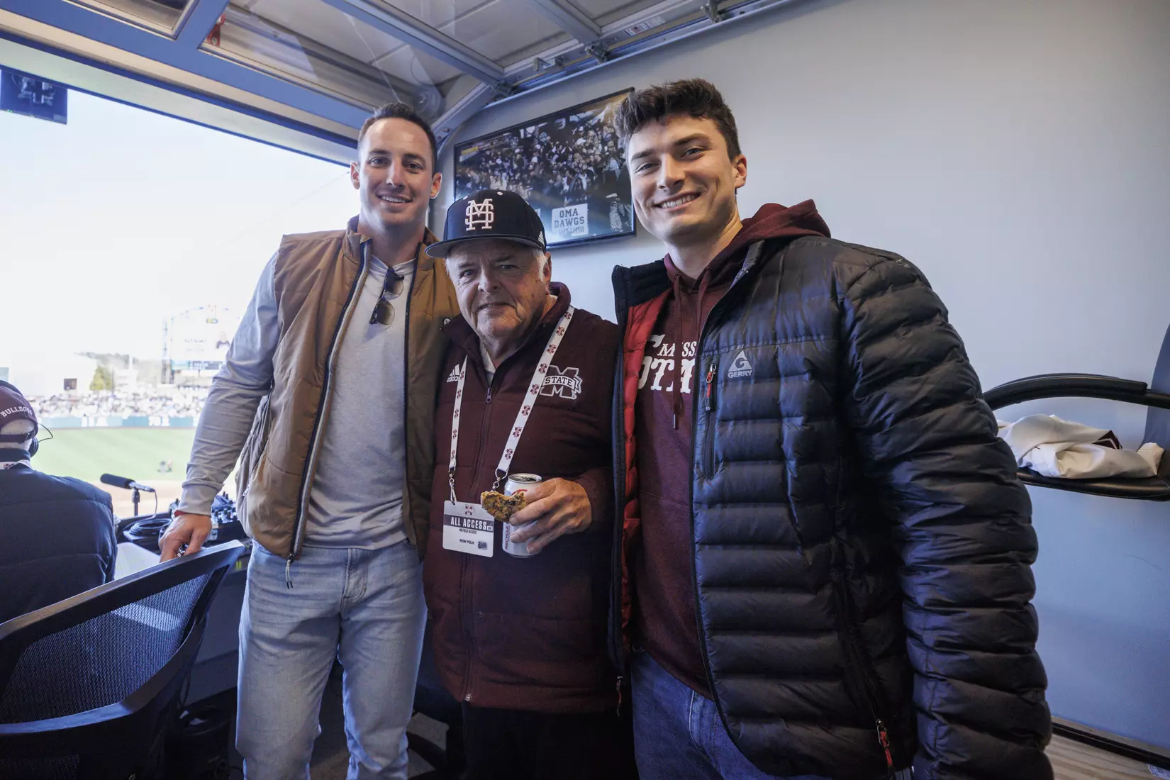 STARKVILLE, MS - February 18, 2022 - Former Mississippi State Outfielder Brent Rooker and Former Infielder Justin Foscue with Mississippi State Special Assistant to the Athletic Director Ron Polk in the radio booth during the game between the Long Beach State Dirtbags and the Mississippi State Bulldogs at Dudy Noble Field at Polk-Dement Stadium in Starkville, MS. Photo By Kevin Snyder