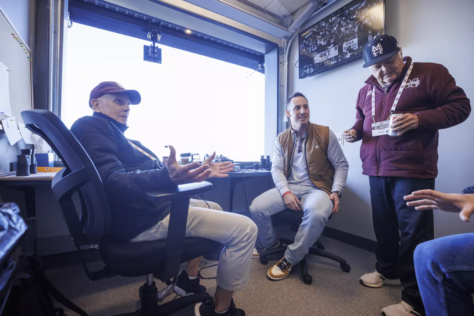 STARKVILLE, MS - February 18, 2022 - Former Mississippi State Outfielder Brent Rooker and Mississippi State Special Assistant to the Athletic Director Ron Polk with Radio Broadcast Announcer Jim Ellis in the radio booth during the game between the Long Beach State Dirtbags and the Mississippi State Bulldogs at Dudy Noble Field at Polk-Dement Stadium in Starkville, MS. Photo By Kevin Snyder