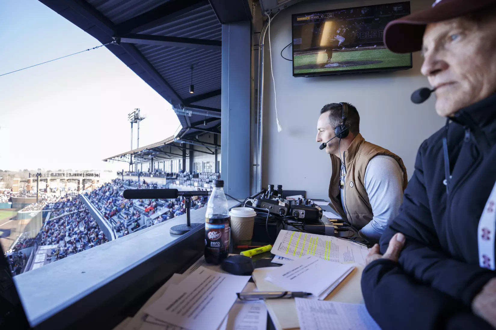 STARKVILLE, MS - February 18, 2022 - Former Mississippi State Outfielder Brent Rooker in the radio booth during the game between the Long Beach State Dirtbags and the Mississippi State Bulldogs at Dudy Noble Field at Polk-Dement Stadium in Starkville, MS. Photo By Kevin Snyder