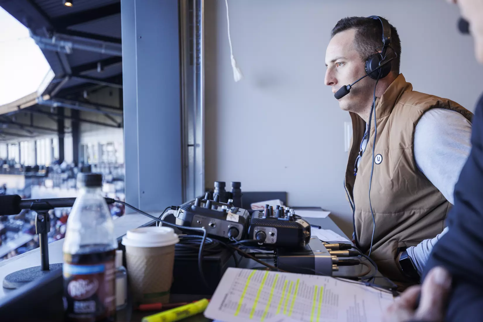 STARKVILLE, MS - February 18, 2022 - Former Mississippi State Outfielder Brent Rooker in the radio booth during the game between the Long Beach State Dirtbags and the Mississippi State Bulldogs at Dudy Noble Field at Polk-Dement Stadium in Starkville, MS. Photo By Kevin Snyder