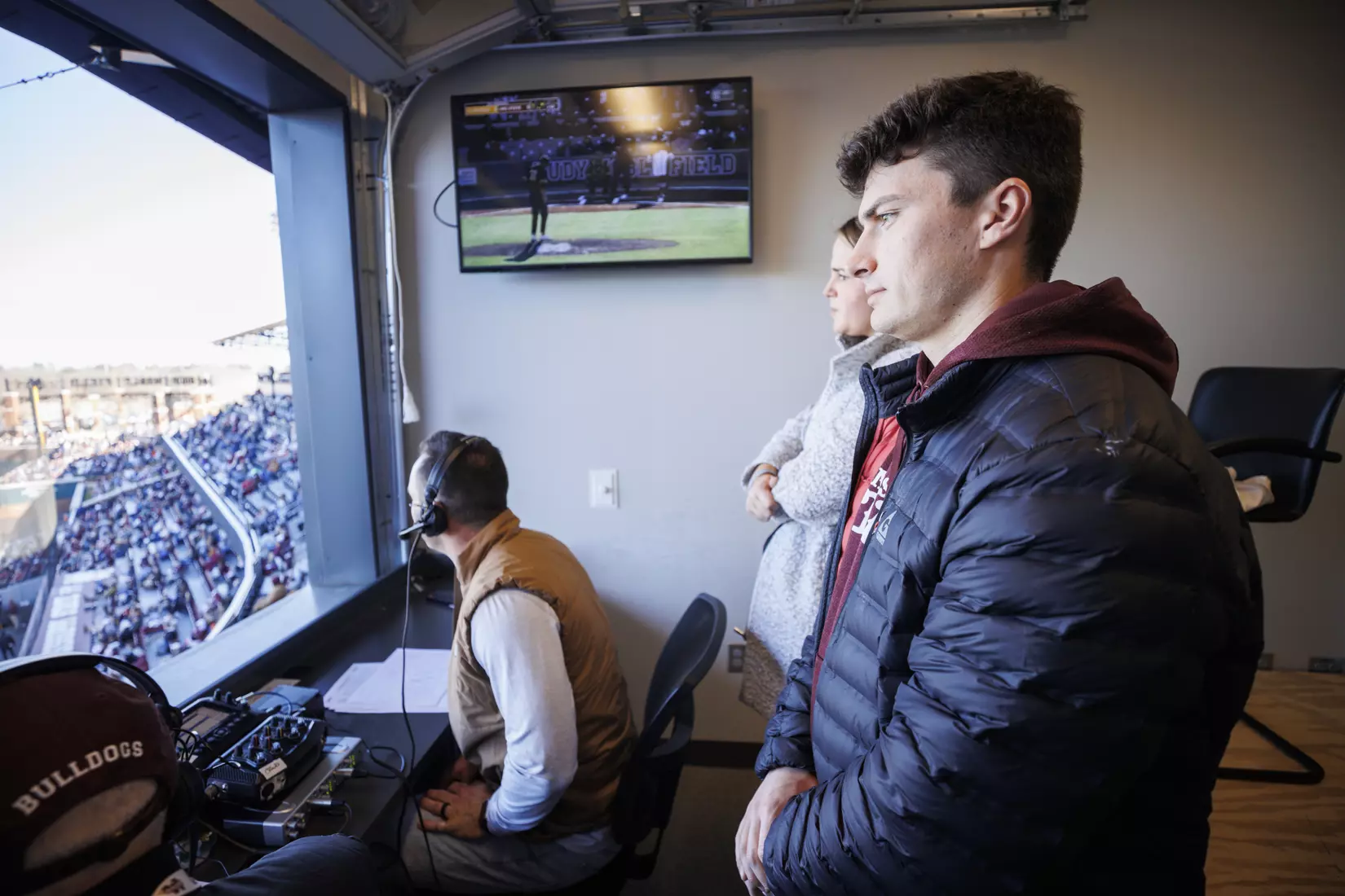 STARKVILLE, MS - February 18, 2022 - Former Mississippi State Infielder Justin Foscue in the radio booth during the game between the Long Beach State Dirtbags and the Mississippi State Bulldogs at Dudy Noble Field at Polk-Dement Stadium in Starkville, MS. Photo By Kevin Snyder