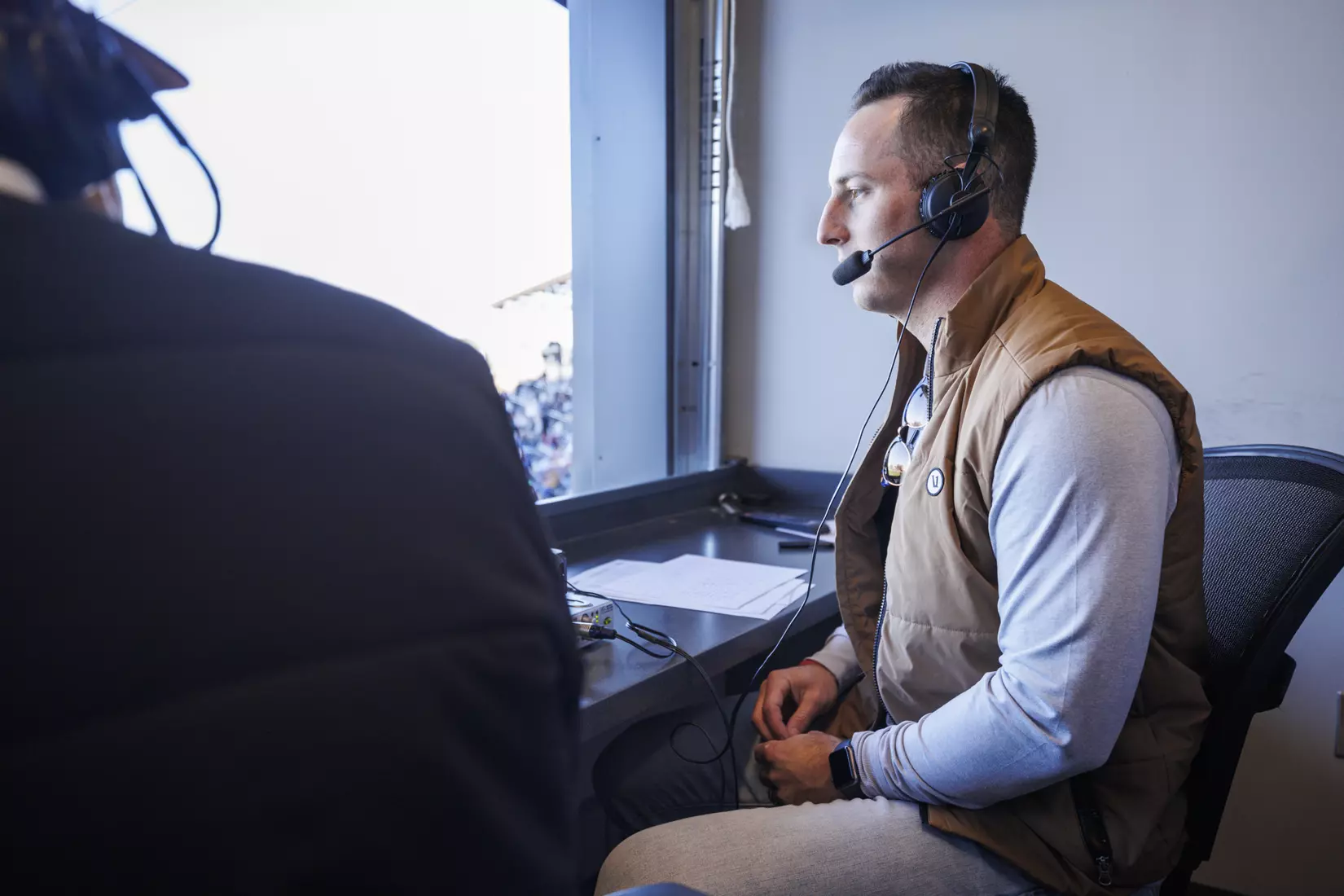 STARKVILLE, MS - February 18, 2022 - Former Mississippi State Outfielder Brent Rooker in the radio booth during the game between the Long Beach State Dirtbags and the Mississippi State Bulldogs at Dudy Noble Field at Polk-Dement Stadium in Starkville, MS. Photo By Kevin Snyder
