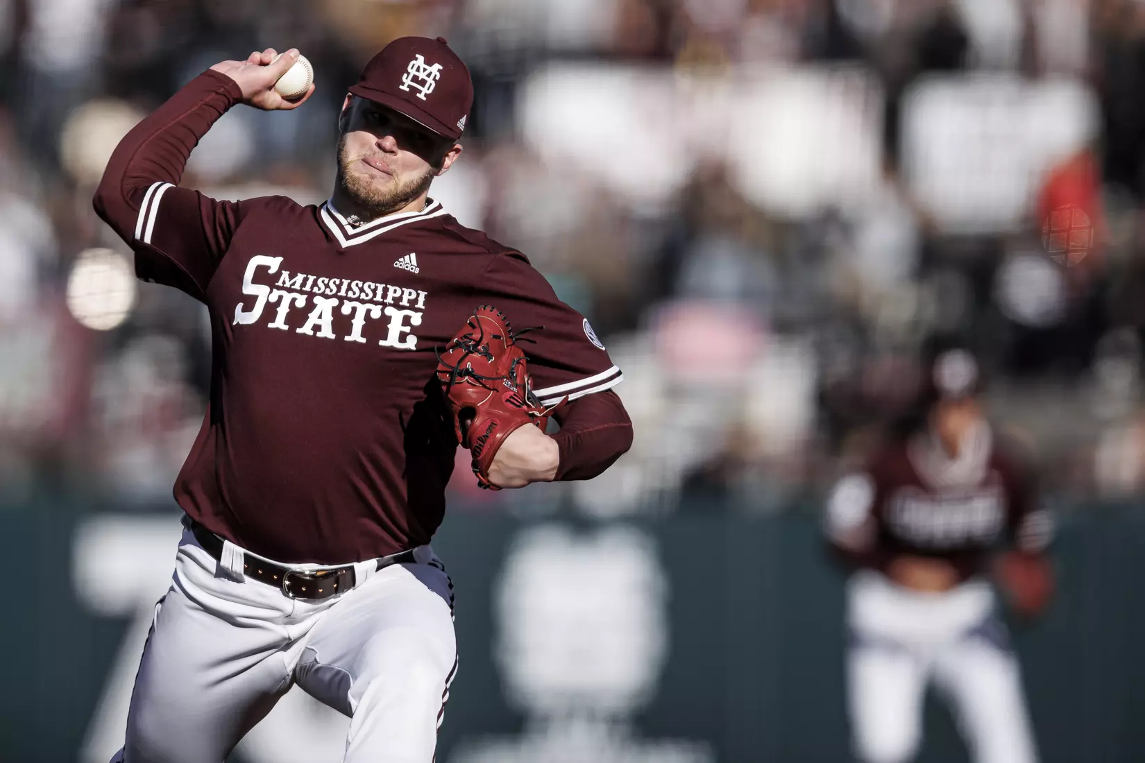 STARKVILLE, MS - February 18, 2022 - Mississippi State Pitcher Landon Sims (#23) during the game between the Long Beach State Dirtbags and the Mississippi State Bulldogs at Dudy Noble Field at Polk-Dement Stadium in Starkville, MS. Photo By Austin Perryman