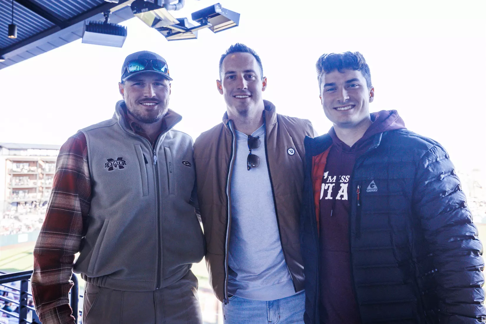 STARKVILLE, MS - February 18, 2022 - Former Mississippi State Outfielders Hunter Renfroe, Brent Rooker and Infielder Justin Foscue during the game between the Long Beach State Dirtbags and the Mississippi State Bulldogs at Dudy Noble Field at Polk-Dement Stadium in Starkville, MS. Photo By Kevin Snyder